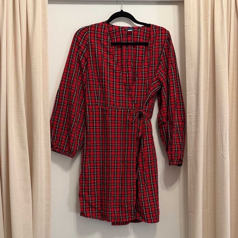 Plaid Long Sleeve Wrap Dress